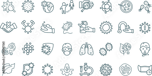 Infection and Virus Protection Vector Icons. Set of 32 blue-green line art symbols for health, hygiene, and disease prevention. Includes mask, sanitizer, social distancing, and bacteria