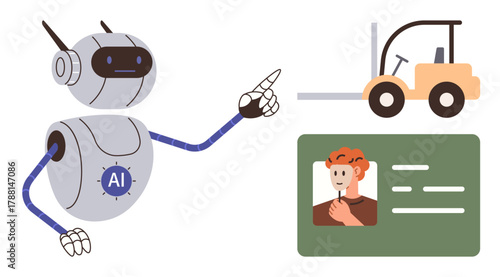 Futuristic AI robot pointing at forklift, highlighting automated processes and a digital ID card. Ideal for technology, automation, AI, robotics, workforce management, logistics innovation. Simple