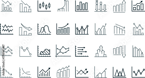 Business and Finance Graph Vector Icons. Set of 32 line art charts for data visualization, growth trends, and market analysis. Includes rising graphs, candlestick, and bar charts