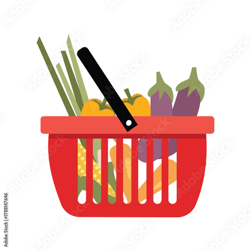 Red Shopping Basket Filled with Fresh Vegetables. Organic Market Basket. Farm Fresh Veggies in a Basket.