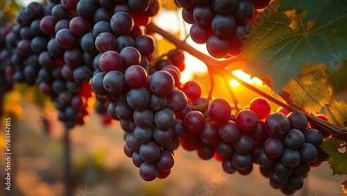 sangiovese. Deep red Sangiovese grapes ripening on the vine in a vineyard at sunset. inspiring travel planning, menu design, designed for culinary blogs and recipe cards for restaurants.