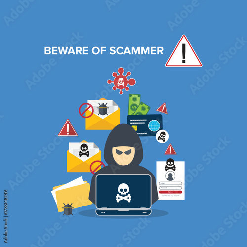 Hacker, scammer in front of his computer committing digital cybercrime.