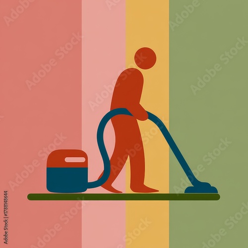 Abstract Color Block Illustration of Person Vacuuming Floor, Info-graphic