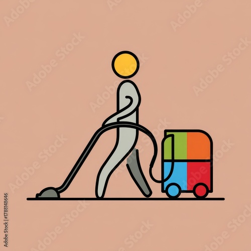 Minimal Line Art of Person Vacuuming with Colorful Vacuum Cleaner