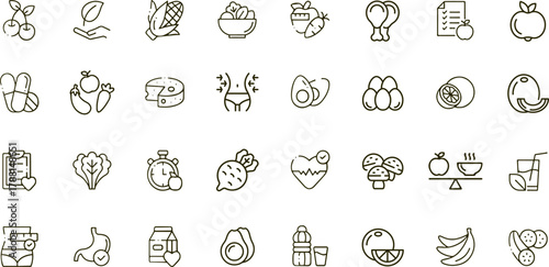 Healthy Food and Nutrition Vector Icons. Set of brown line art symbols for diet, wellness, and fitness. Includes avocado, eggs, cherries, portion control, and a healthy heart