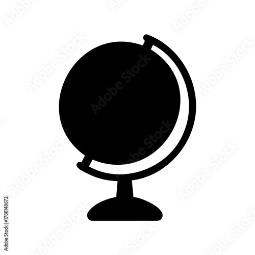 Black globe icon depicting world, education, travel, and global concepts. Vector, illustration