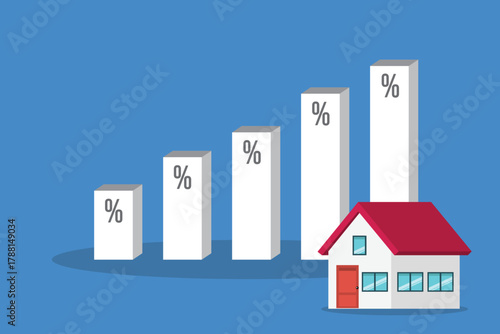 Increasing interest rates. Percentage symbols on increasing high charts bars of next to a house	