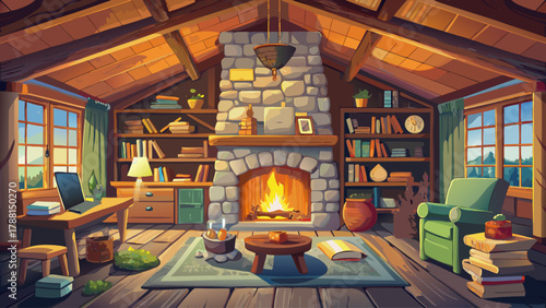 Rustic cabin interior featuring a large stone fireplace with a crackling wood fire, wooden beams and vintage furniture, warm golden light filling the room, cozy blankets and books adding charm