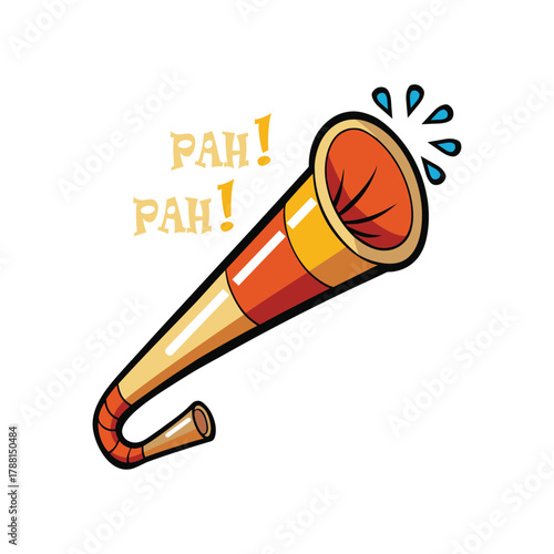 Vibrant cartoon party horn blowing loudly with sound effect and energy