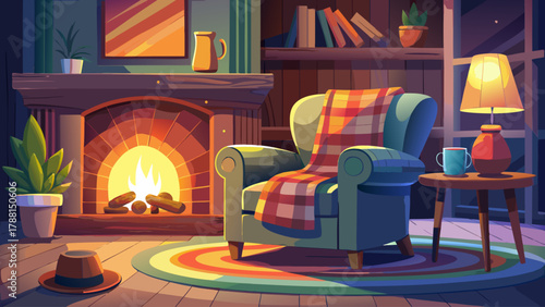 Comfortable armchair with a plaid blanket beside a crackling fireplace, a steaming mug on the side table, gentle firelight reflecting on the walls, creating a warm, intimate, and tranquil winter home 