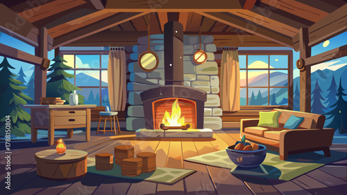 Charming rustic living room with a wood-burning stove surrounded by natural stone walls, stack of firewood nearby, soft firelight illuminating the space, creating a nostalgic, peaceful