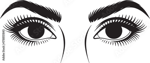 Close up of stylized woman eyes with lashes and eyebrows in black