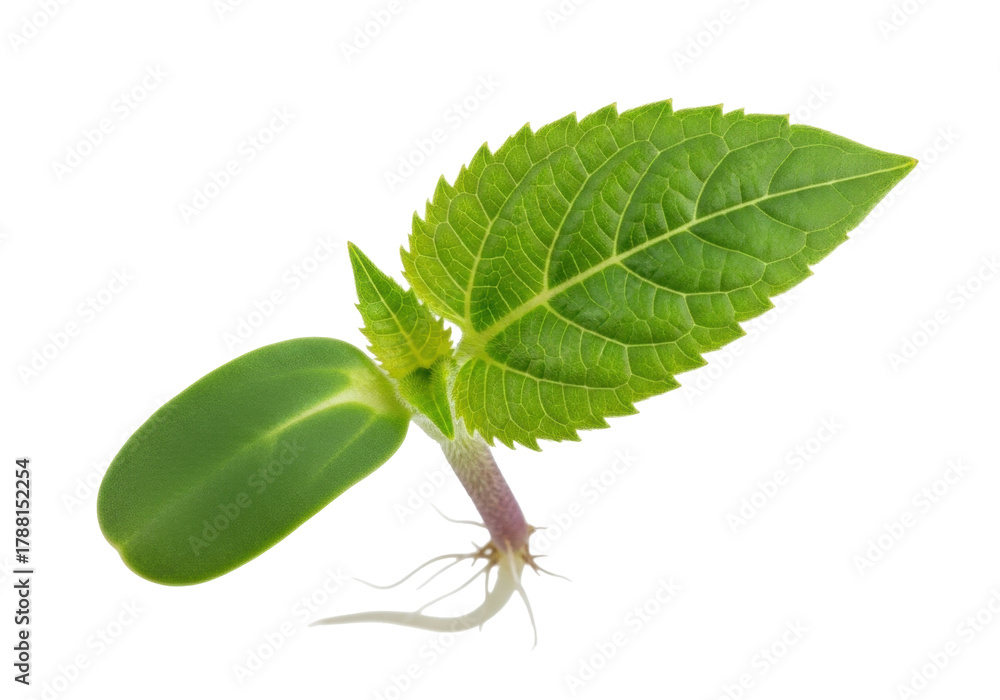 Obraz premium Green sunflower sprout isolated PNG on transparent background, young plant with roots and cotyledon leaves for gardening and agriculture