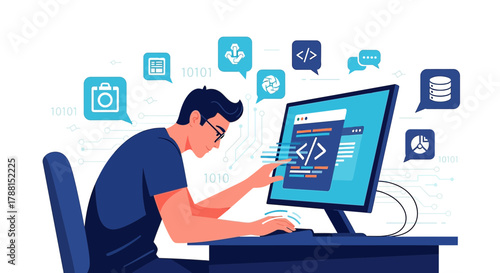 Illustrative depiction of a software developer coding with a computer interface showing code