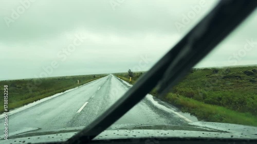 Driving on RIng road on a rainy day in Iceland