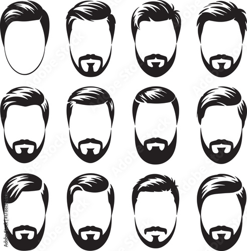 Collection of different male hairstyles with beards and mustaches illustration