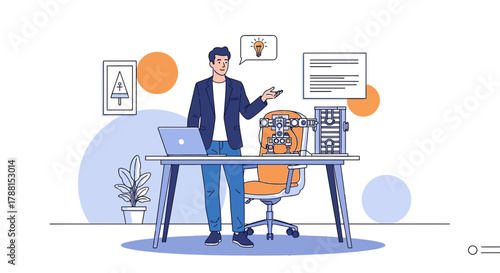 Innovative professional presenting ideas at a modern office illustration design with a laptop