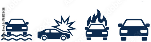 Car accident icons flood, crash, fire, and normal car
