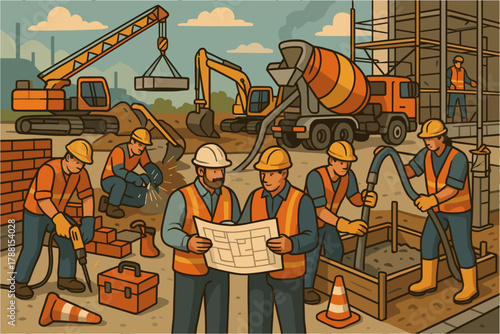 Construction Site Illustration — Builders, Heavy Machinery, and Engineering Blueprint Scene