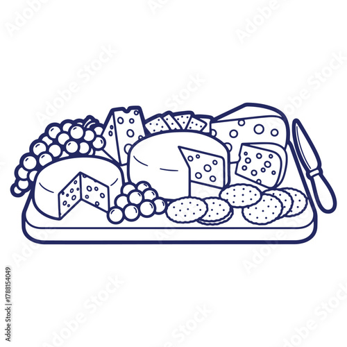 Delicious cheese and grapes platter illustration with knife and crackers ready to be served and enjoyed for a casual gathering