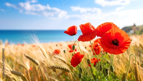 Fototapeta Naklejka Na Ścianę i Meble -  Close-up of vibrant red poppy flowers and golden wheat stalks in a field, with a clear blue sky and the ocean visible in the background on a sunny summer day.