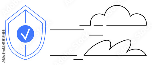 Shield with a checkmark and outlined clouds, emphasizing secure cloud computing. Ideal for security, technology, cloud storage, online safety, data transfer, privacy digital assurance. A simple flat