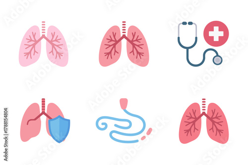 Flat vector icon set for respiratory and heart health, illustrating lungs, stethoscope, heart, protection shield, and cardiology care.