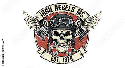 Grunge style motorcycle club emblem vector illustration featuring aggressive iconography like wings and skulls, presented flat and isolated on a clean white background.