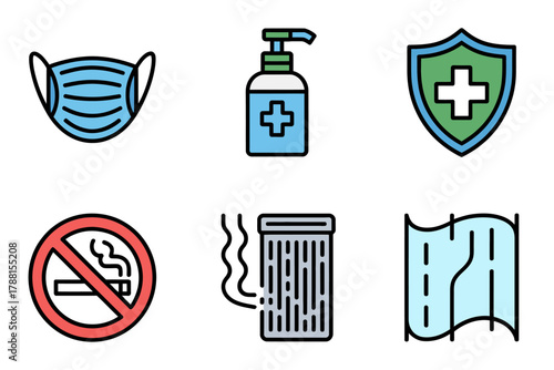 Outline vector icons for hospital hygiene, featuring face mask, hand sanitizer, protection shield, and ventilator machine.