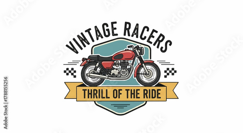 A vintage retro motorcycle racing emblem created in a bold flat 2D vector illustration style is centrally positioned against a pure white background.