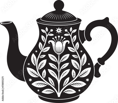 Elegant vintage teapot vector illustration with decorative floral ornament design
