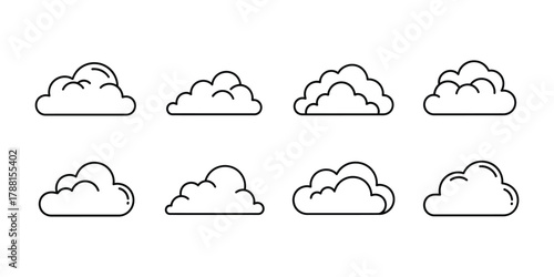 Collection of simple outline cloud icons in various shapes
