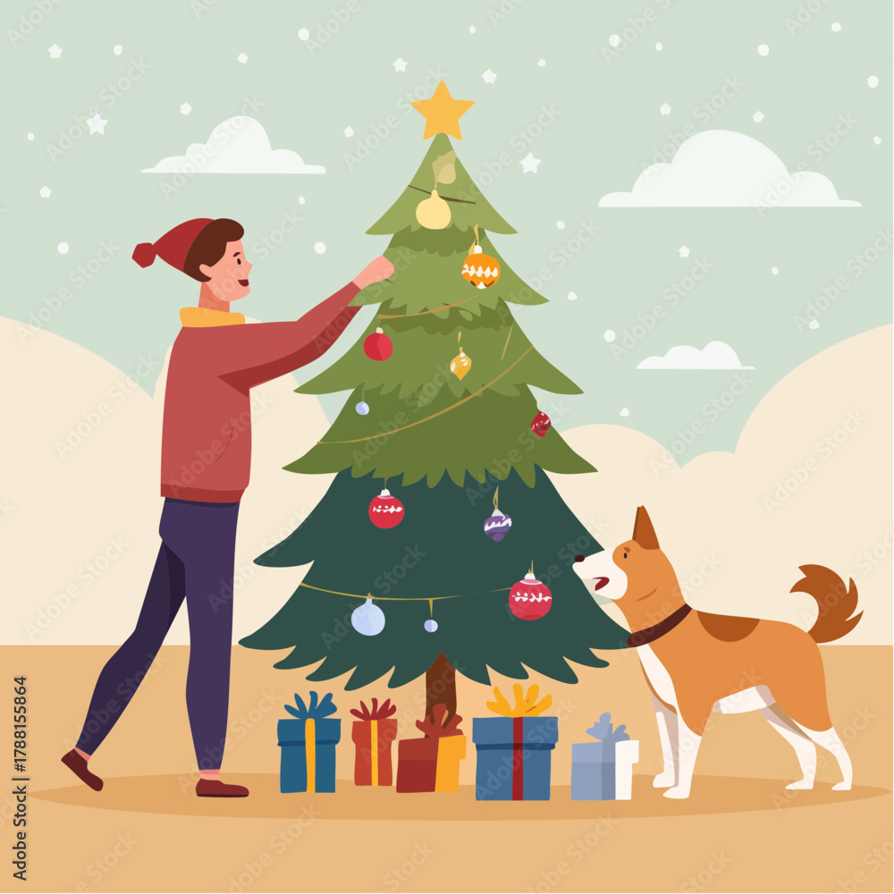 Fototapeta premium A young man and his pet dog get into the festive spirit, decorating a beautiful Christmas tree together with colorful ornaments