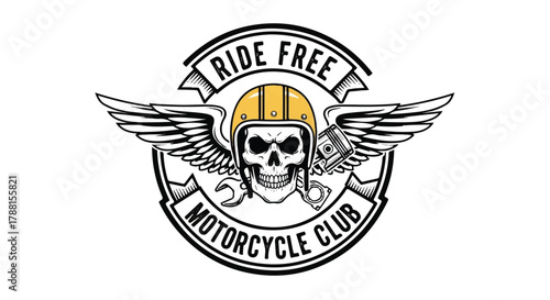 A classic biker emblem badge vector illustration in a flat 2D style features traditional motorcycle club iconography representing freedom and rebellion, isolated on a clean white background.
