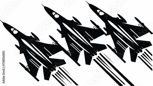 Dynamic trio of fighter jets soar into action with powerful aerial maneuvers, embodying speed and strength