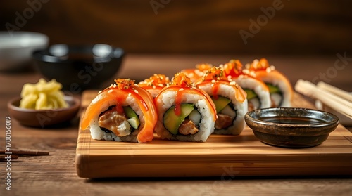 Fresh Japanese salmon sushi rolls, a gourmet seafood meal or appetizer on a white plate.