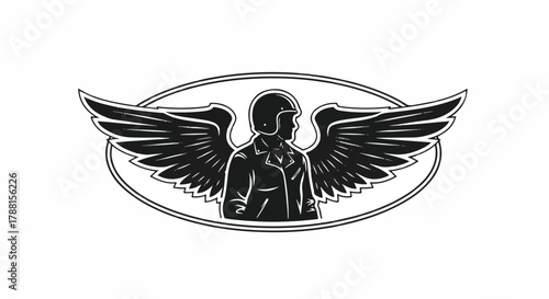 Retro vector illustration of a powerful biker silhouette emblem featuring classic heraldic wings isolated on a clean white background, symbolizing freedom and speed.