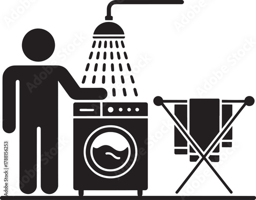 Laundromat vector icon depicting washing machine and drying clothes together