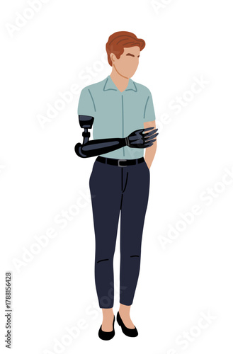 Minimalist flat vector of a person with a prosthetic arm wearing a light blue shirt and navy pants. Clean modern design with stylized proportions on transparent background.