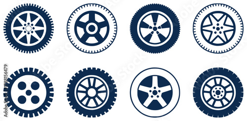 Collection of Eight Different Car Tire and Wheel Icons
