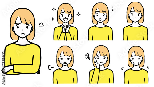 A set of illustrations of various expressions of a young woman's upper body.