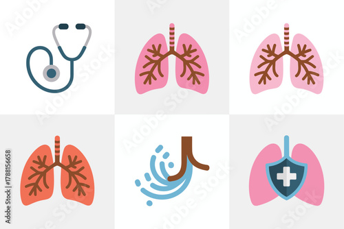 Colored outline vector icons for lung and heart care, showing respiratory system, medical stethoscope, and health protection shield.