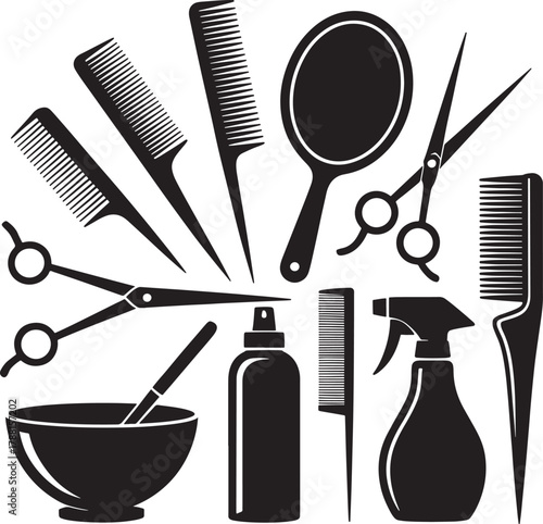 Styling tools collection of essential hairdresser salon equipment in black and white
