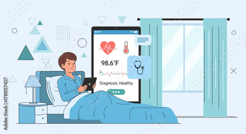Man monitors his health in bed through a modern telehealth application on his tablet