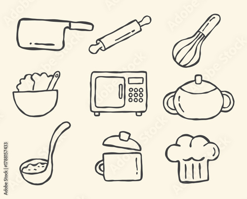 hand drawn kitchen icons set