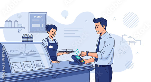 Man using smartwatch to make a contactless payment at a cafe cashier counter service