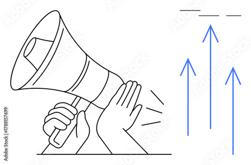 Hands amplifying voice using a megaphone with upward arrows, symbolizing communication, growth, success, teamwork, business strategy, marketing, and leadership in a simple flat metaphor