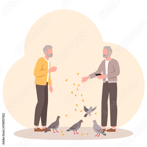 Senior men feeding birds. Elderly men scattering birdseed. Older men feeding pigeons outdoors. Retirees feeding birds together. Elderly set