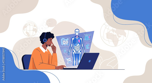 Medical consultation via online platform with a doctor examining patient health data shown on the