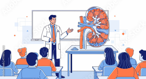 Medical Illustration of a Doctor Explaining Kidney Anatomy to Students in a Classroom Setting